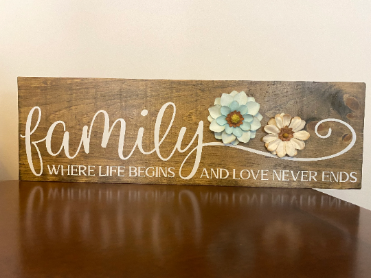 Family Where Life Begins and Love Never Ends Wooden Sign